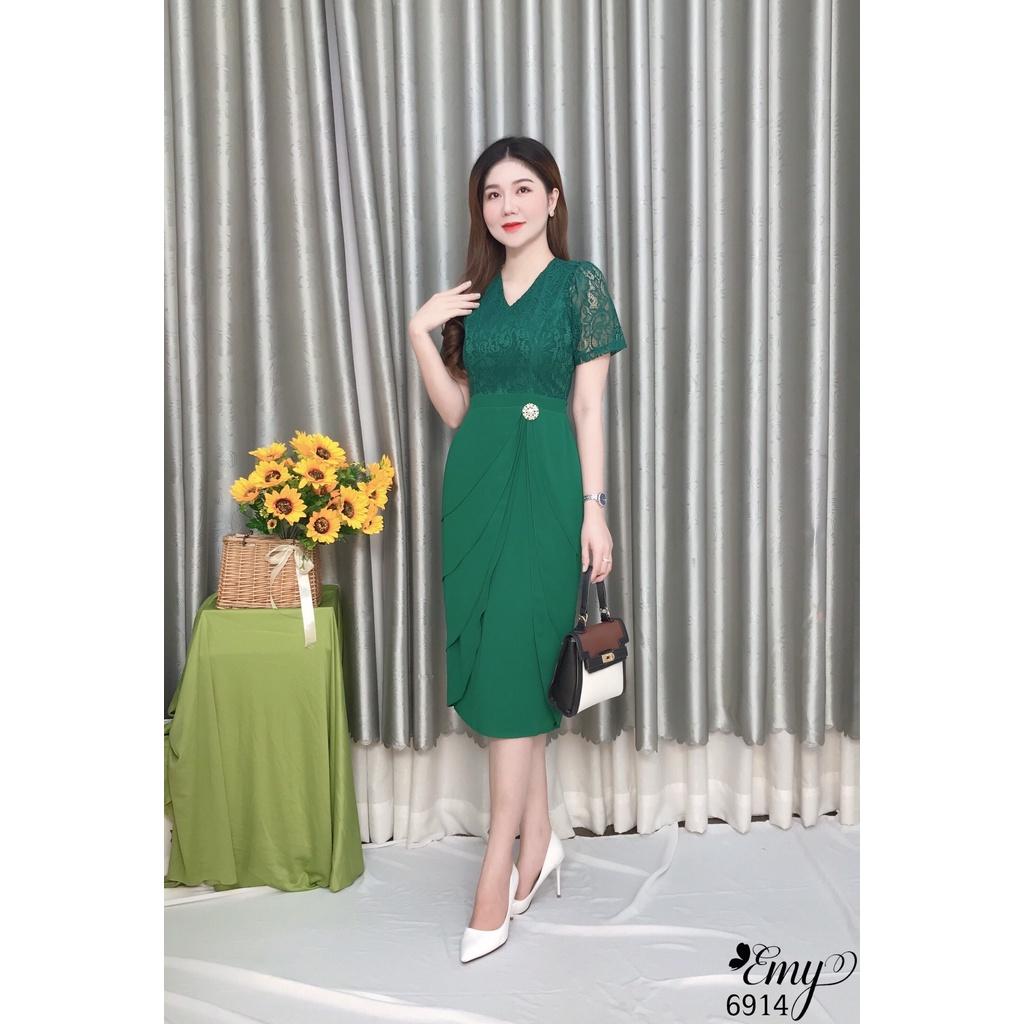 Đầm EMY EM6914 Xoè Xanh Phối Ren