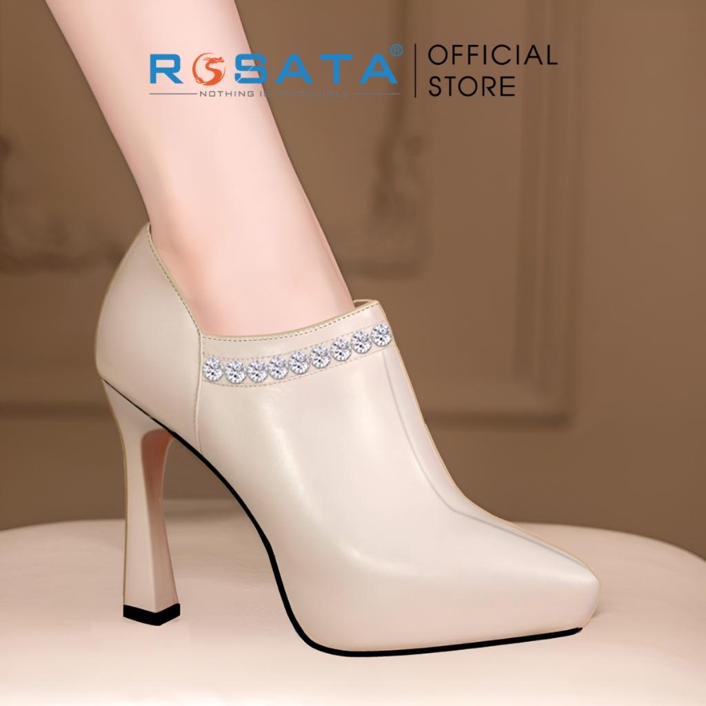 Giày bốt nữ cổ thấp đế nhọn 9 phân mũi nhọn đính hạt xỏ chân êm ái ROSATA RO595 ( BẢO HÀNH 12 THÁNG ) - KEM