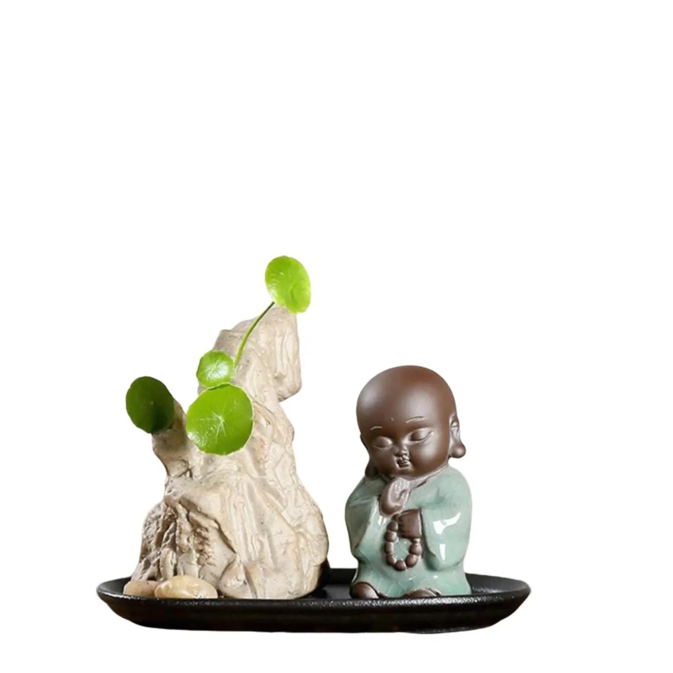 Tượng Chú Tiểu Bên Chậu Núi Đế Gốm Đen Decor_ Hàng Chính Hãng