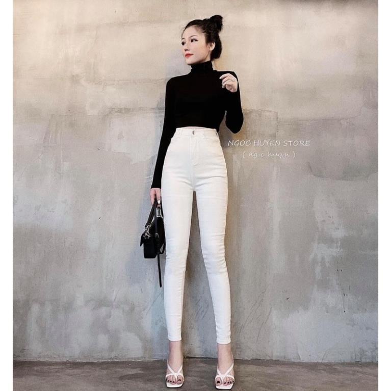 Quần jean trắng cạp cao tôn dáng trơn và rách gối