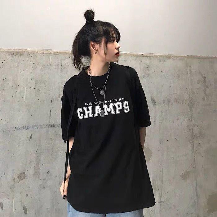 ÁO THUN NỮ NAM MÀU ĐEN VẢI COTTON FORM RỘNG TAY LỠ UNISEX CHAMPS Áo thun nam nữ tay lỡ cổ tròn Champs vải Cotton co giãn, dày dặn, form rộng