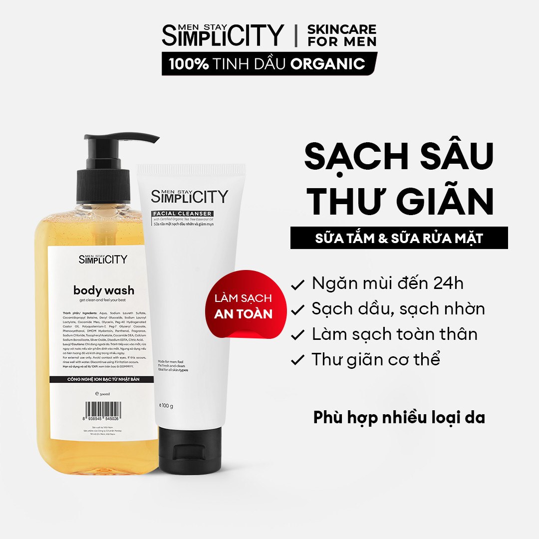 Bộ đôi làm sạch từ đầu đến chân Men Stay Simplicity Cleansing Combo: Sữa rửa mặt 100g và Sữa tắm tinh dầu cho nam 500ml