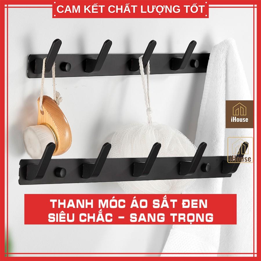 Thanh móc treo quần áo inox sắt đen 5 móc 6 móc, Giá treo quần áo sau cửa dán hoặc bắt vít tường chắc chắn