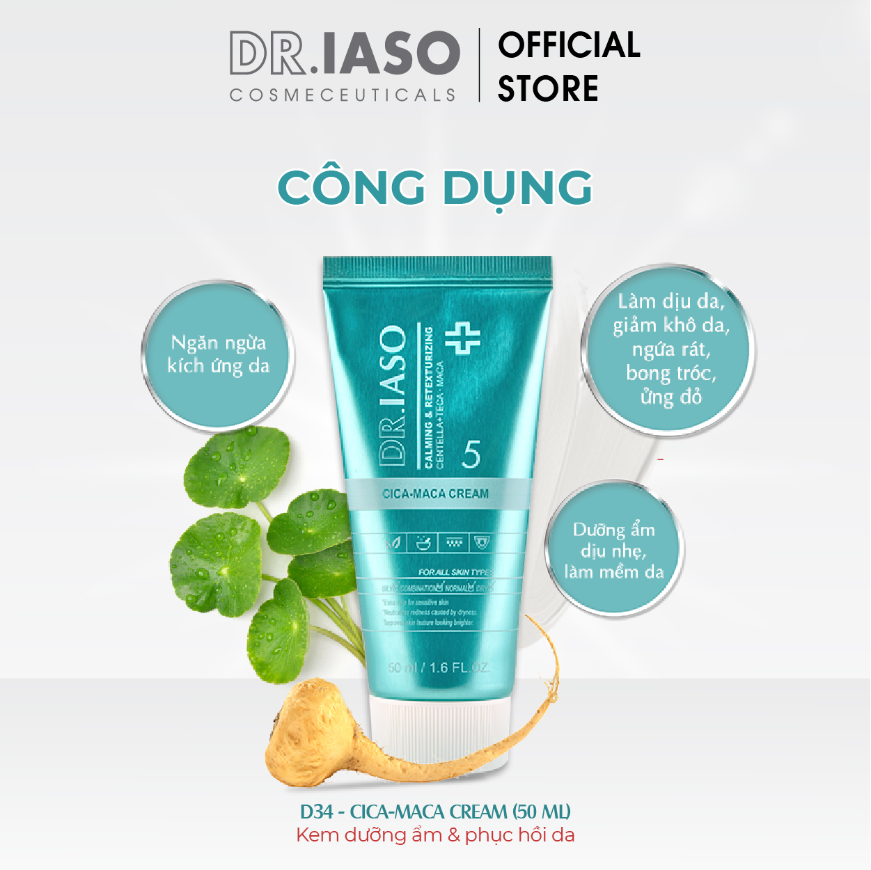 Bộ ba sản phẩm D33 - D34 - D38 Kem chống nắng SPF50+ Dr Iaso, Nước hoa hồng, Kem dưỡng ẩm phục hồi da Dr Iaso Mint