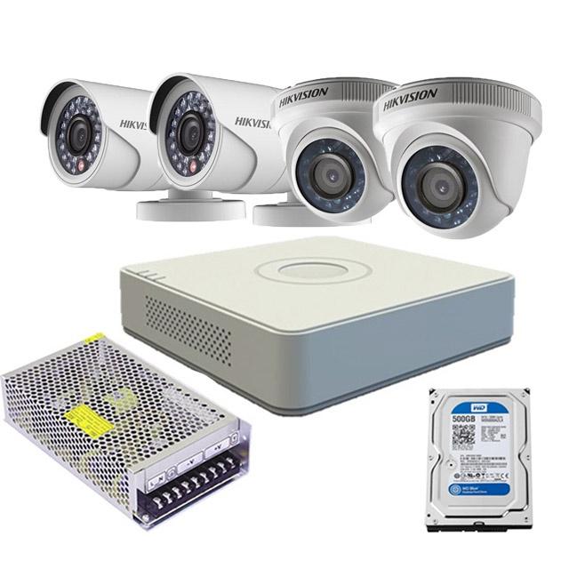 Trọn bộ 4 camera bán cầu và thân trụ HIKVISION. Đầu ghi hình Analog 4 kênh DS-7104HGHI-F1, Xem lại lịch sử gần 1 tháng - Hàng Chính Hãng