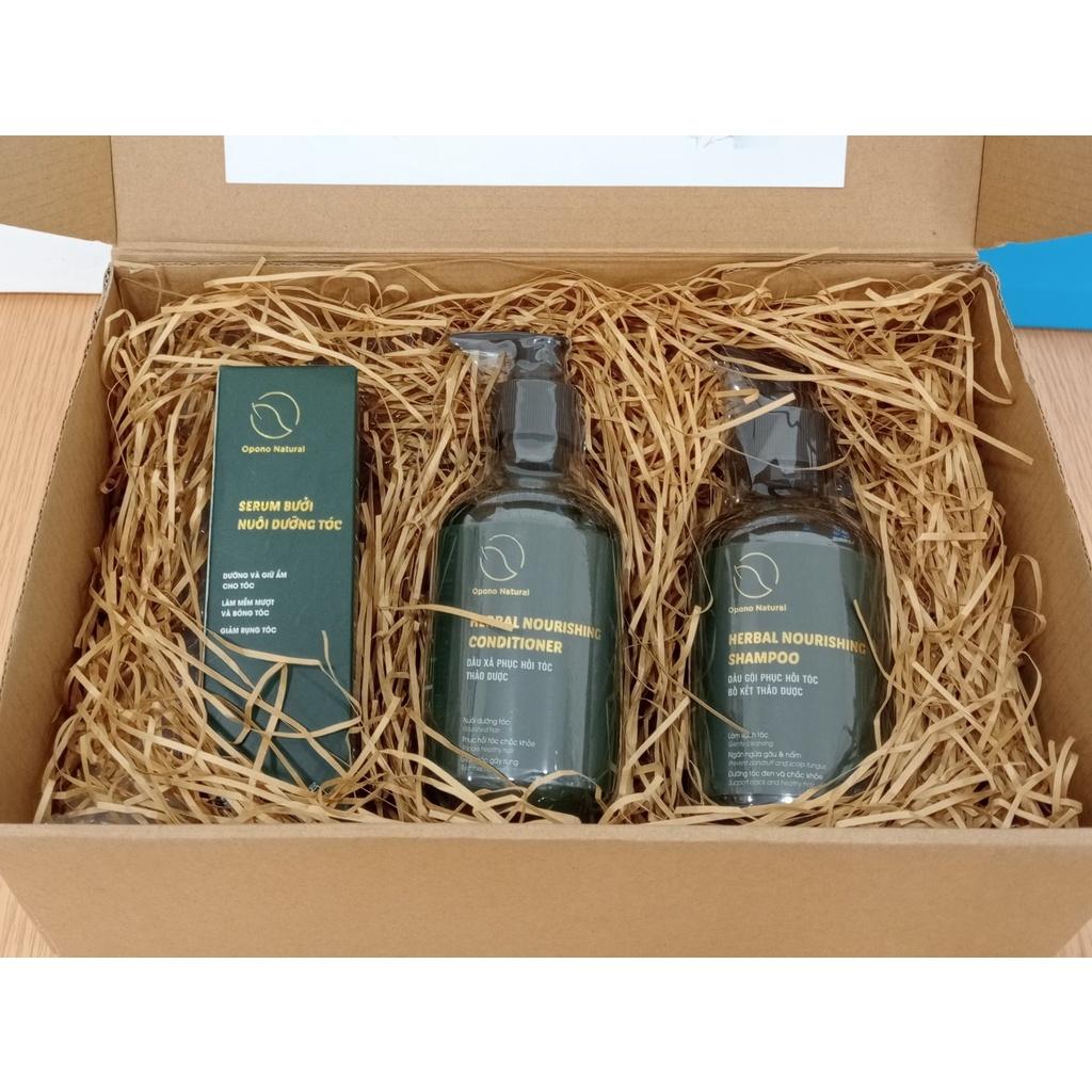 Set quà tặng Dầu gội - Dầu xả - Tinh dầu bưởi kích mọc tóc, phục hồi tóc Opono Natural - BASIC - 300ml-260ml-100ml