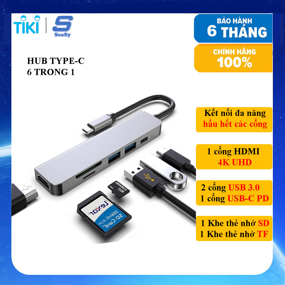 Hub chuyển đổi USB TypeC 6 trong 1 SEASY SS26, Cổng chuyển đổi HUB USB TypeC to HDMI, 1 cổng HDMI 4k UHD , 3 cổng USB 3.0, 2 khe đọc thẻ nhớ SD và TF, Kết nối nhiều thiết bị với tốc độ cao, Dùng cho Điện thoại/Laptop/PC/Macbook – Hàng chính hãng