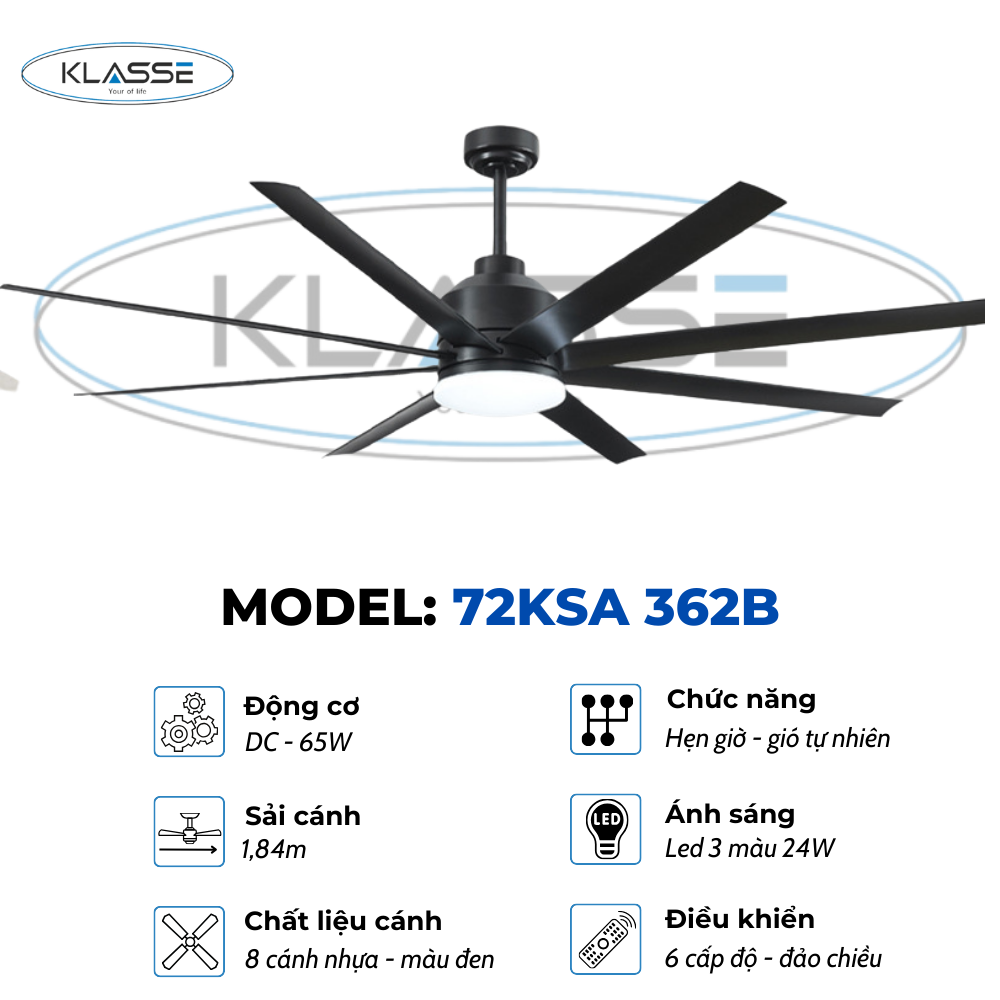 Quạt Trần một đèn Klasse 72KSA 362B Hàng chính hãng