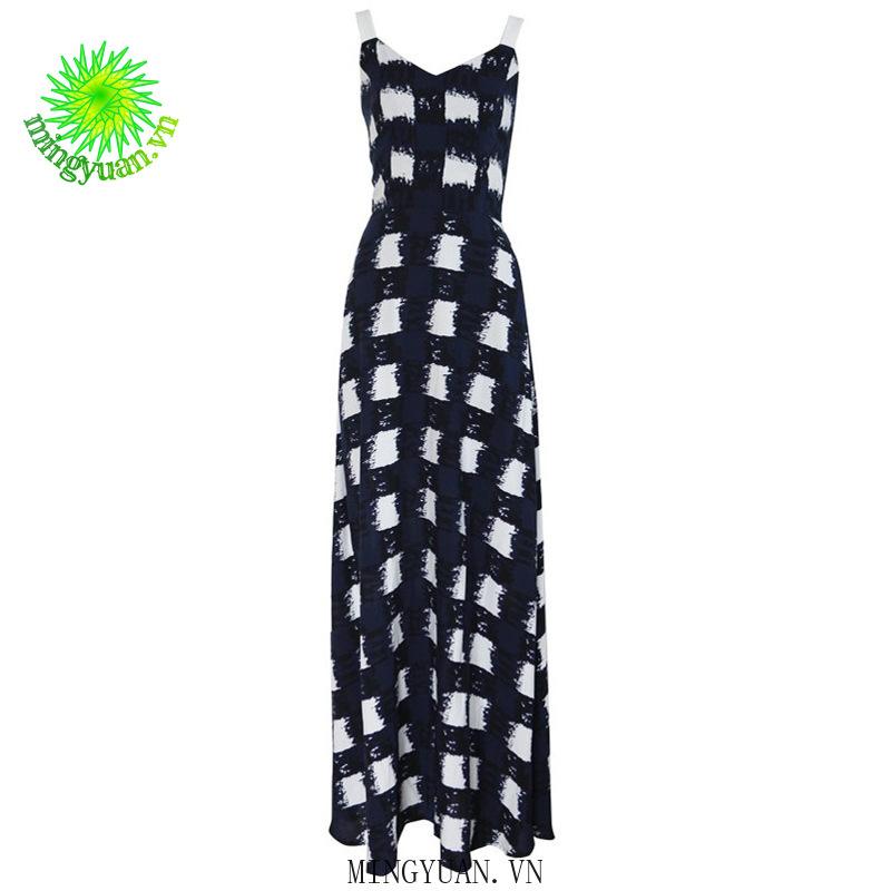 Đầm Dây Nữ Ca Rô Cộc Tay Cổ Tròn Xếp Ly Thời Trang Hàn