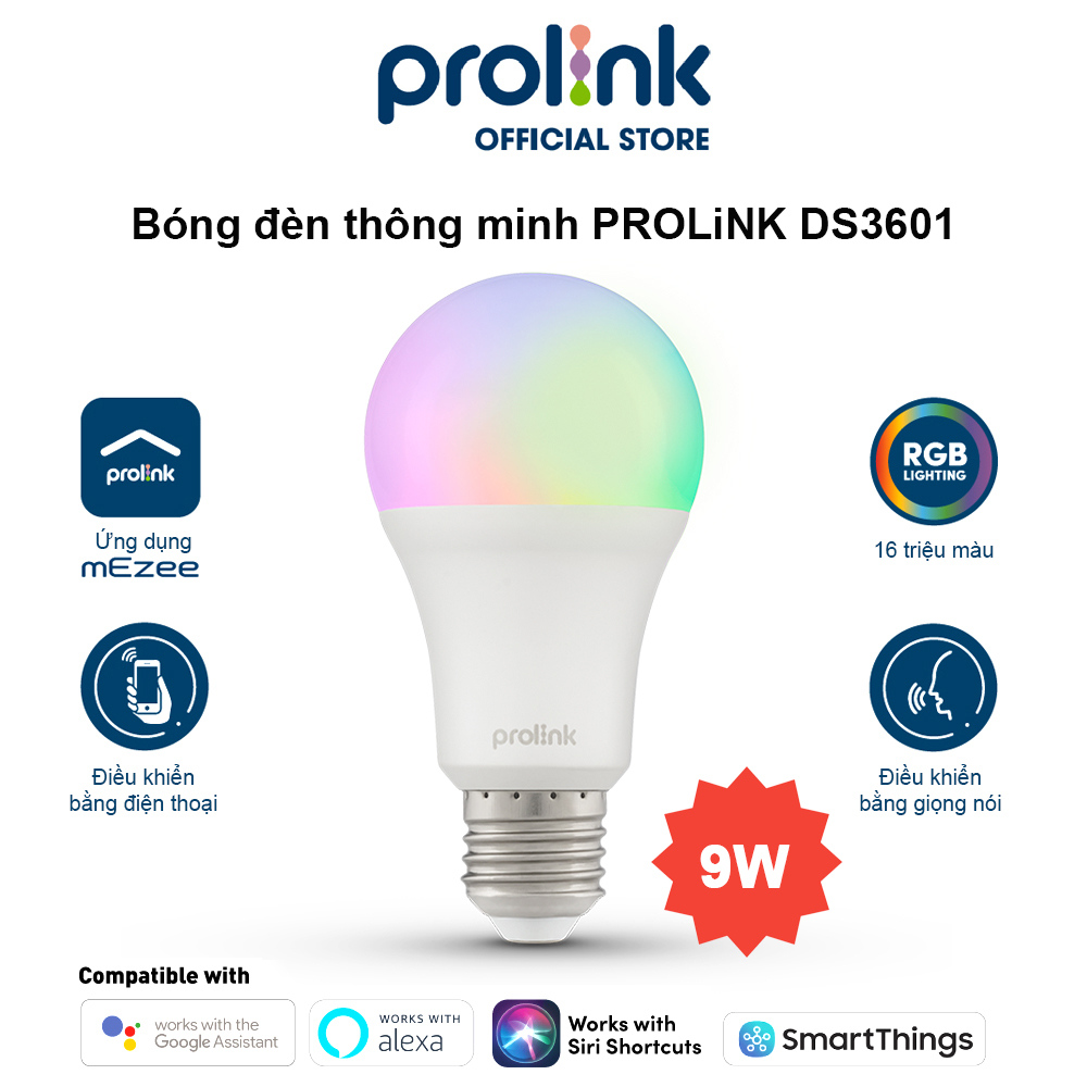 Bóng đèn thông minh PROLiNK DS3601 Smart LED RBG 16 triệu màu, hẹn giờ bật tắt, tùy chỉnh chế độ bằng điện thoại, Wifi - Hàng chính hãng