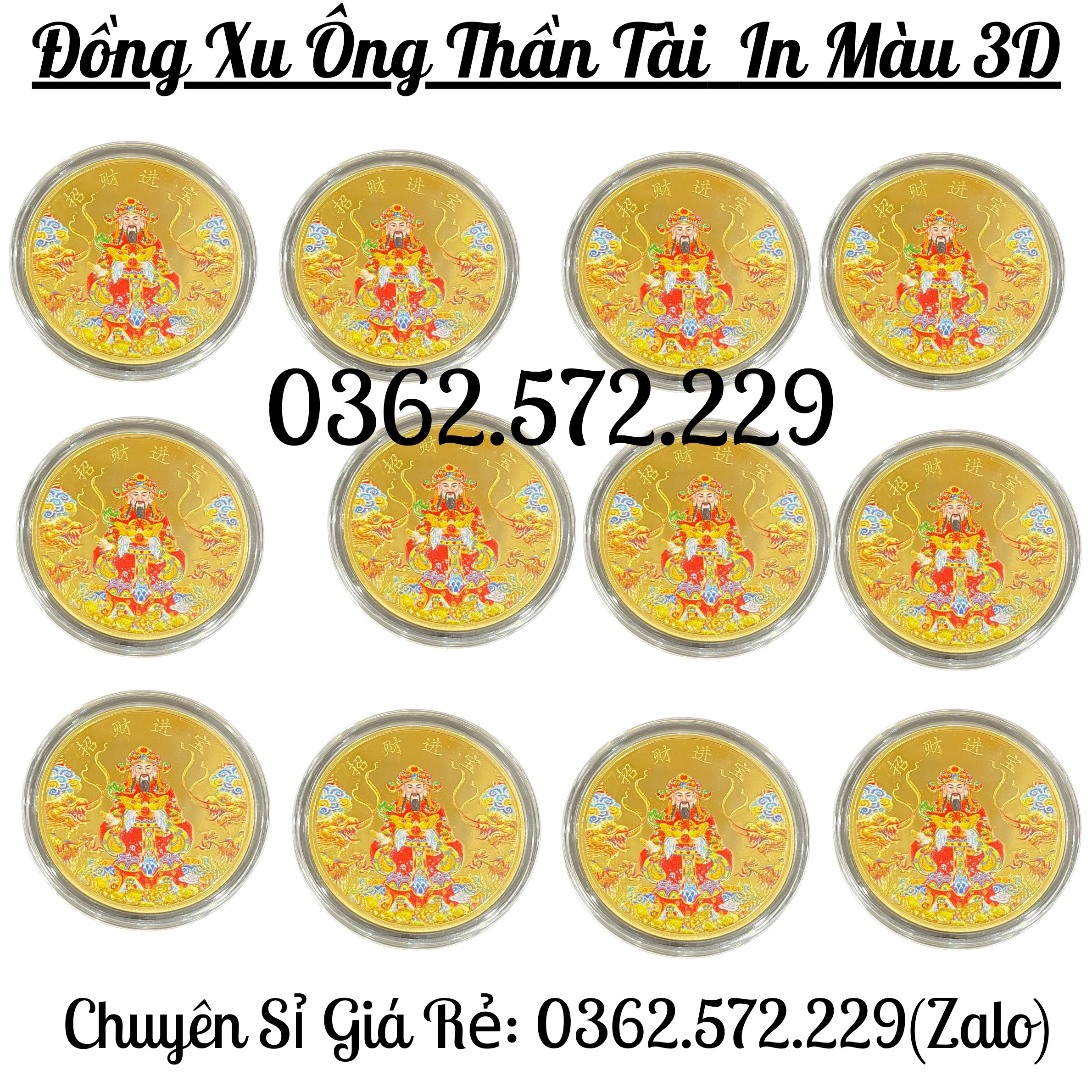 Hình ảnh Đồng Xu Thần Tài Màu in 3D tặng Kèm Túi Gấm Phúc Lộc May Mắn Phong Thủy 