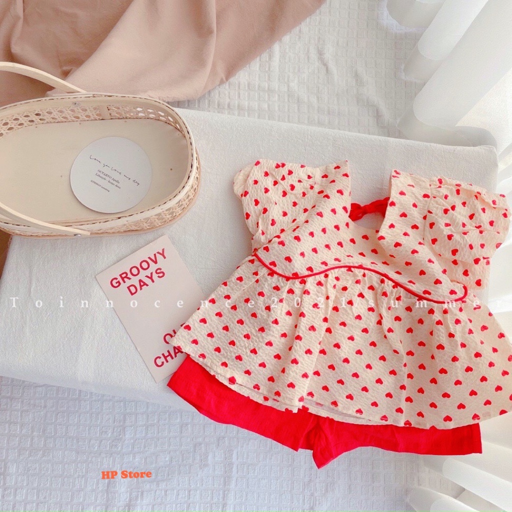 Bộ Áo Quần Bé Gái 13-32kg Chấm Bi Trái Tim Đỏ Tay Phồng Thắt Nơ Sau, Hàng Xuất Khẩu