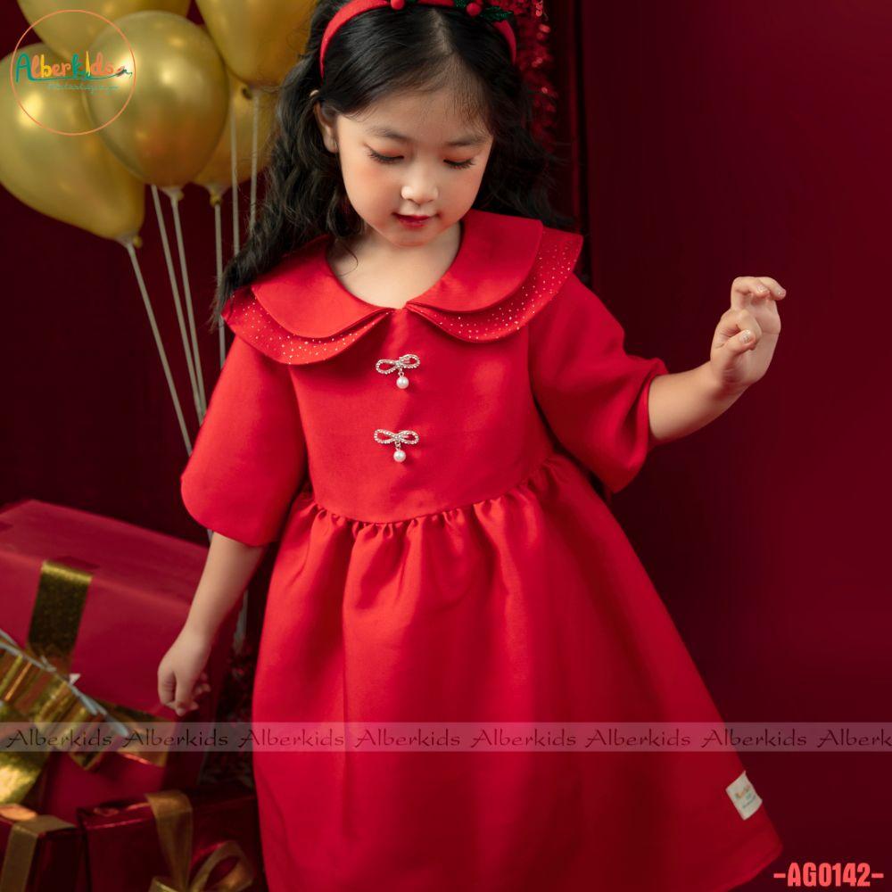 Váy bé gái ALBERKIDS cổ cánh sen đính nơ ngọc công chúa đỏ xinh đẹp cho trẻ em 2,3,4,5,6,7,8,9,10,11,12 tuổi