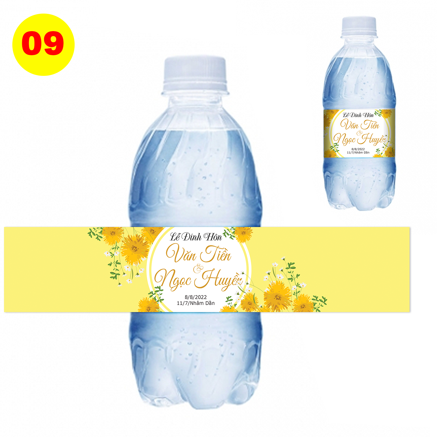 Decal nhãn dán chai nước đám cưới - chai tròn MS 09