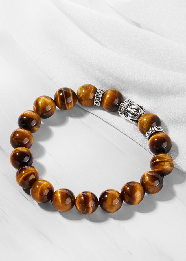 Vòng đá mắt hổ vàng nâu phối charm phật bạc Ngọc Quý Gemstones