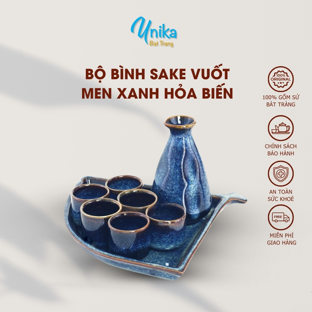 Bộ sake - Set sake bình vuốt men xanh hỏa biến - Gốm sứ cao cấp Bát Tràng