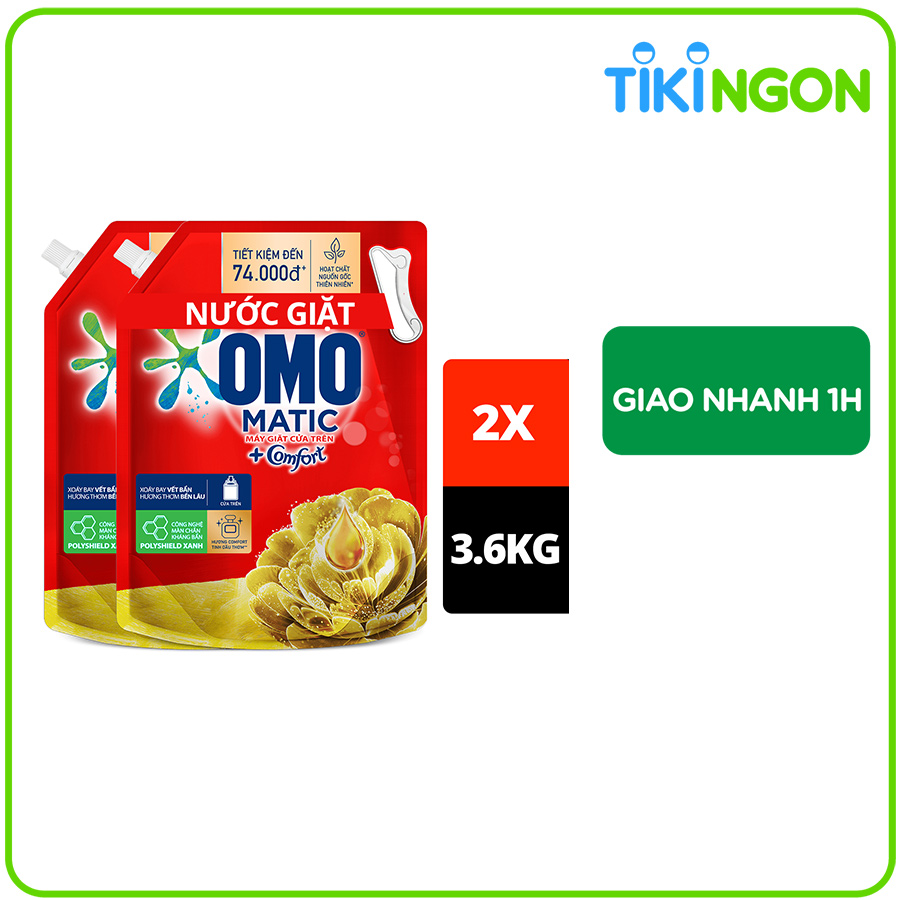 Combo 2 túi nước giặt OMO Matic Comfort hương Tinh dầu thơm cho máy giặt cửa trên, xoáy bay vết bẩn, hương thơm bền lâu, túi 3.6kg