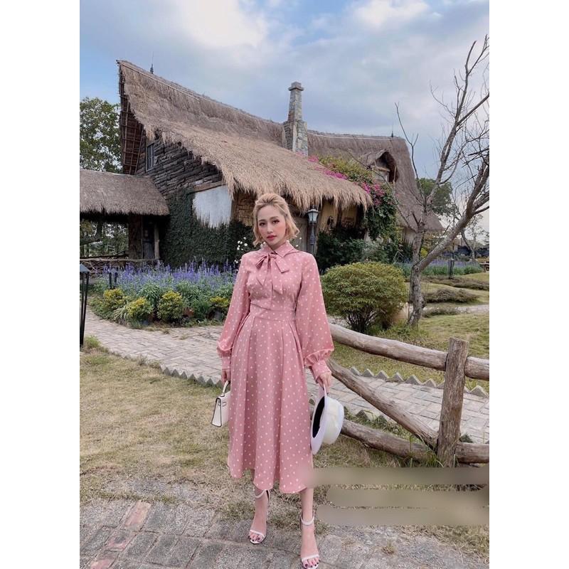 Váy đầm maxi chấm bi cổ sơ mi phối nơ vintage uzzlang