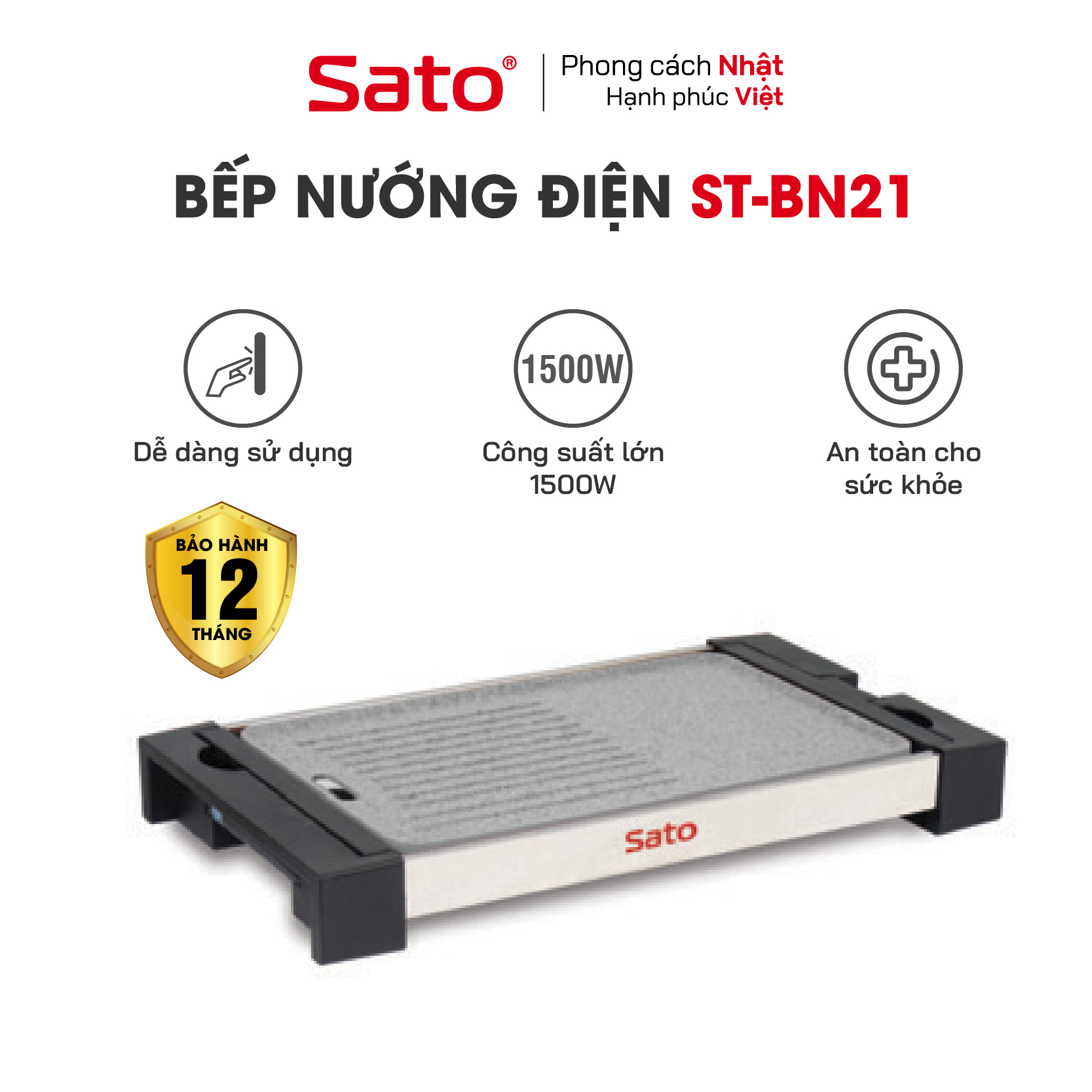 Bếp nướng điện SATO BN21 - Nướng nhanh, tiết kệm điện, không khói bụi. Thân bếp hợp kim nhôm đúc nguyên khối phủ chống dính cao cấp - Miễn phí vận chuyển toàn quốc - Hàng chính hãng