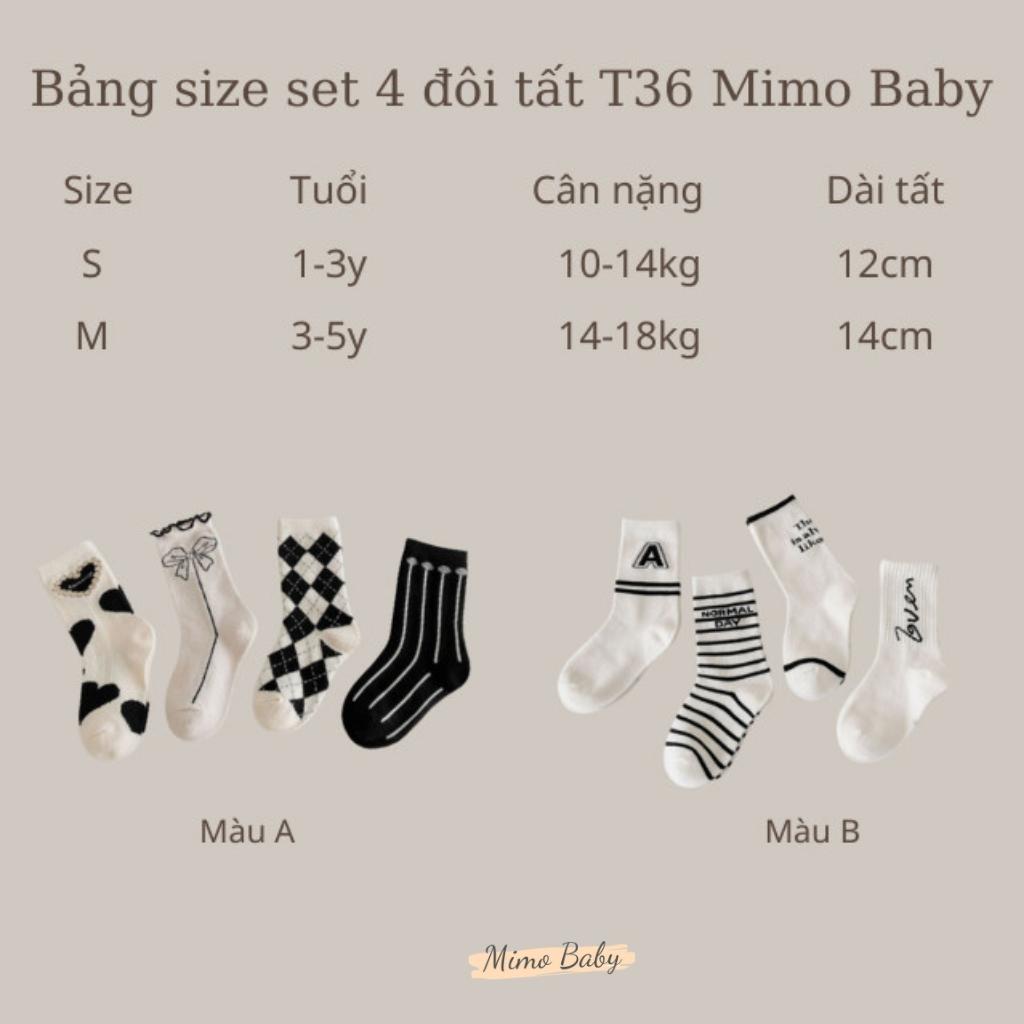 Set 4 đôi tất cao cổ họa tiết phong cách hàn quốc xinh xắn cho bé trai, bé gái T36 Mimo Baby