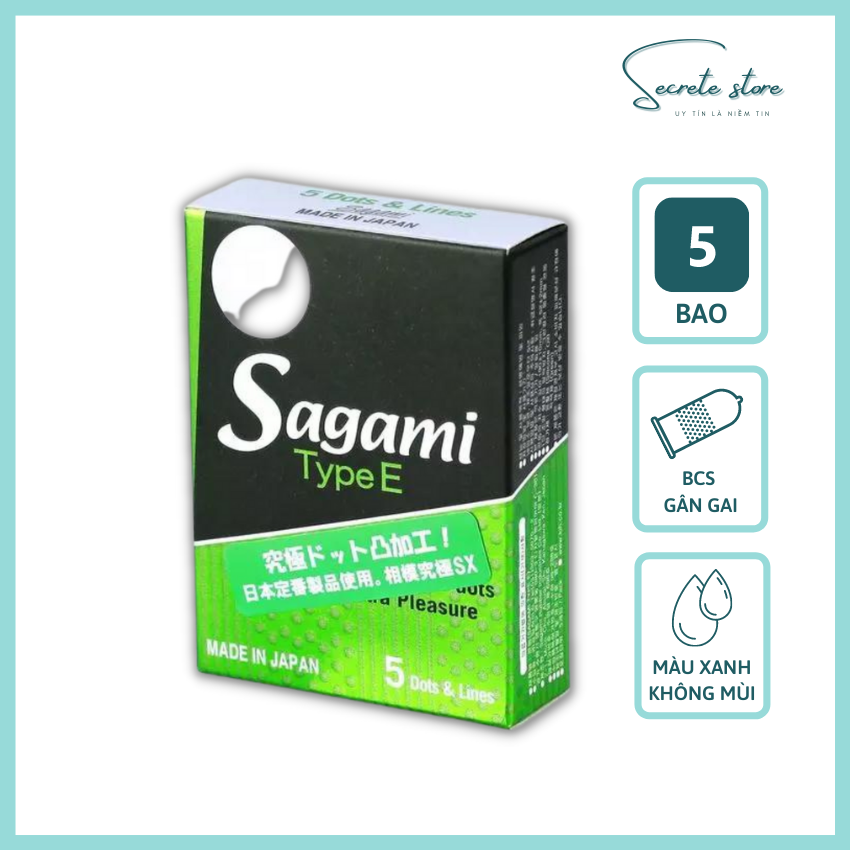 Bao cao su Sagami Type E - thương hiệu Nhật Bản siêu mỏng, có gân gai, màu xanh - hộp 5 cái