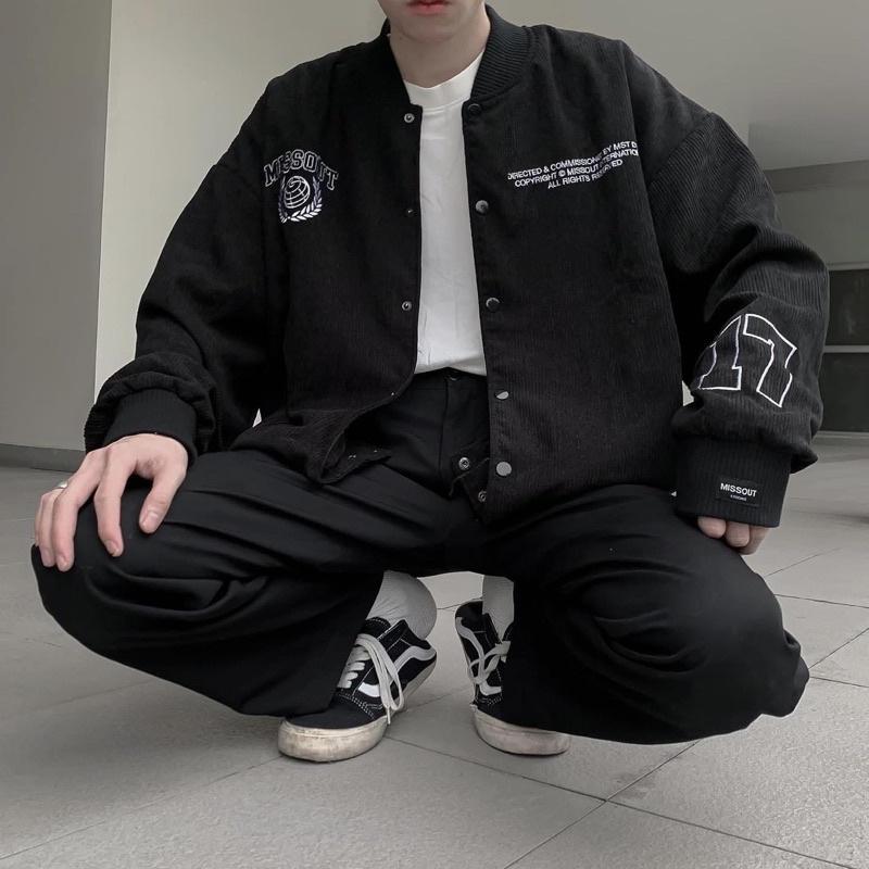 Áo Khoác Bomber Nhung gân MST 17 màu ĐEN Nam nữ unisex Áo Jacket form rộng Jaystoree