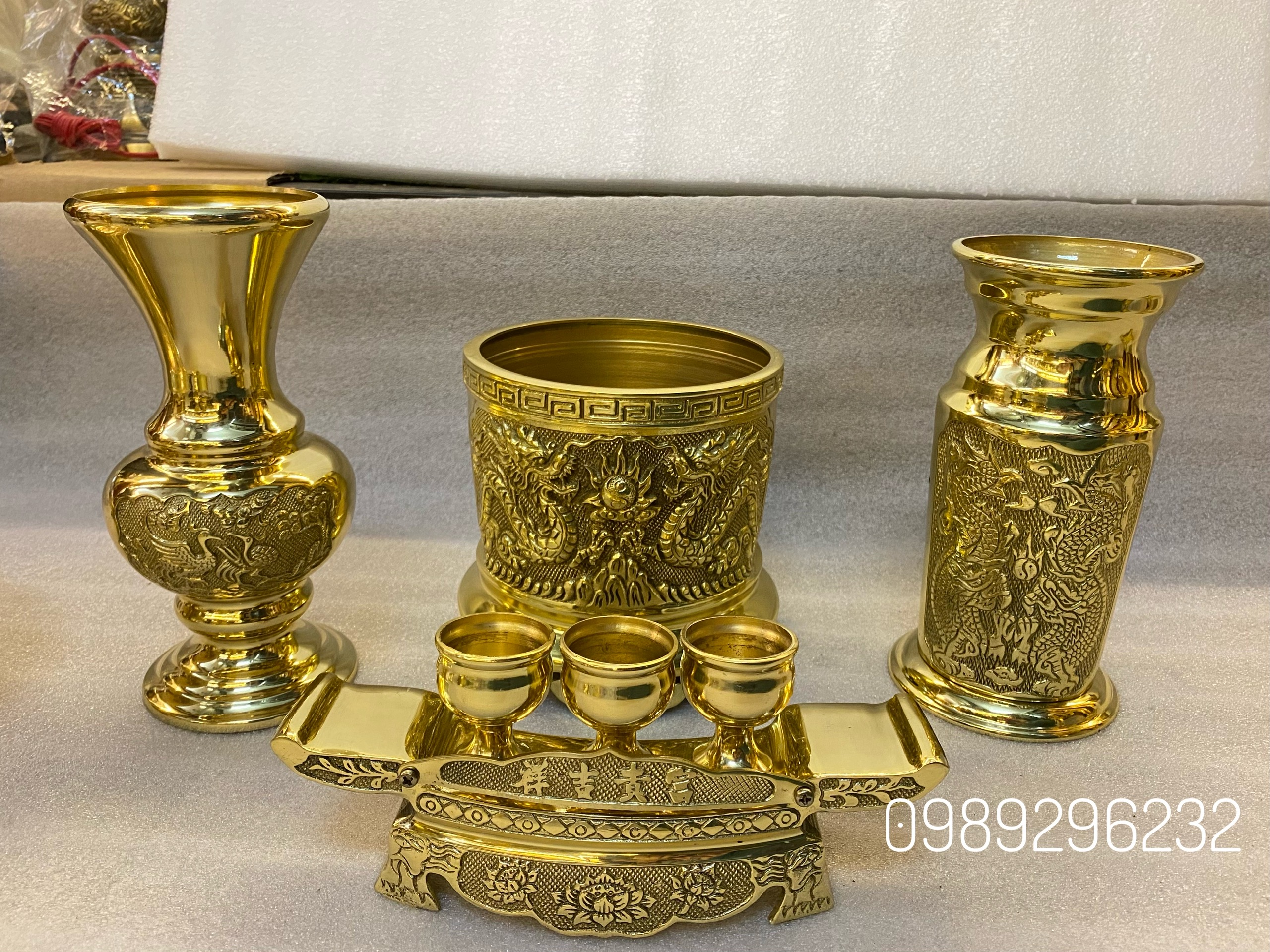 Bộ Đồ Thờ Lọ hoa, ống hương, bát nhang , ngai chén bằng đồng - Combo bộ đồ thờ