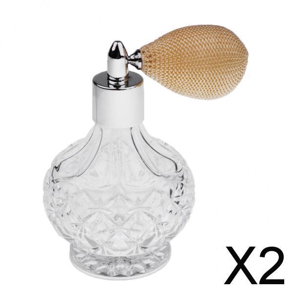 2xVintage Crystal Empty Perfume Bottle Short Spray Atomizer Glass 100ml Beige