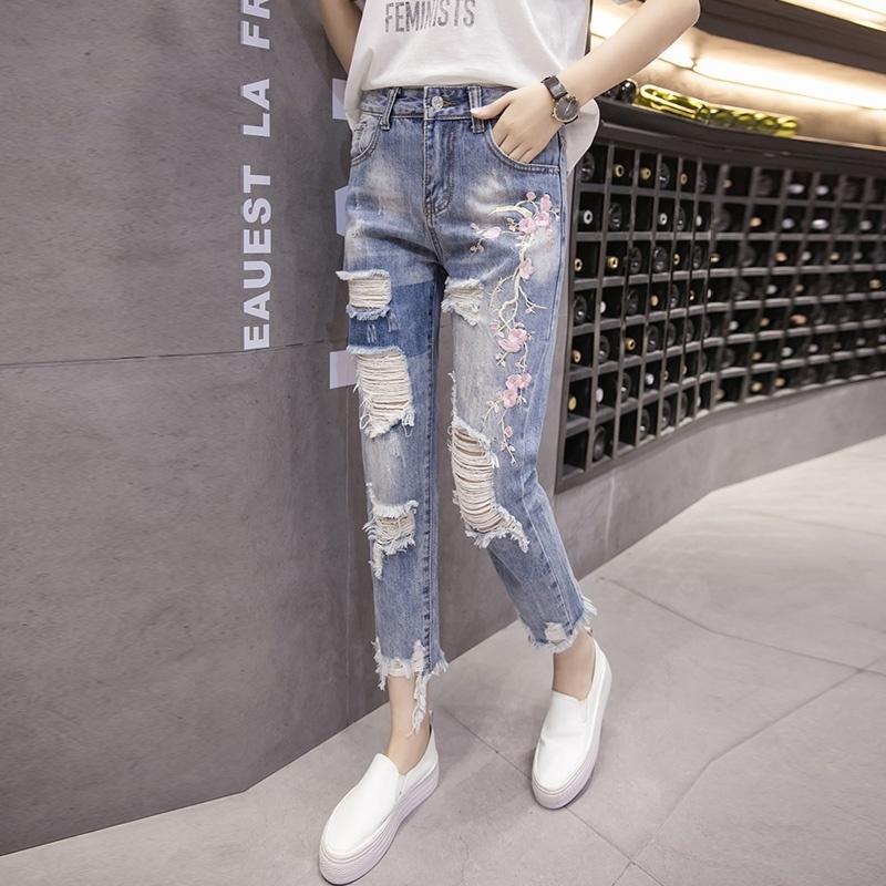 Embroidered hole jeans girls 2022 spring and summer new Korean version of high-waisted loose beggar rough-edged Harlan nine-cent pants - 9698