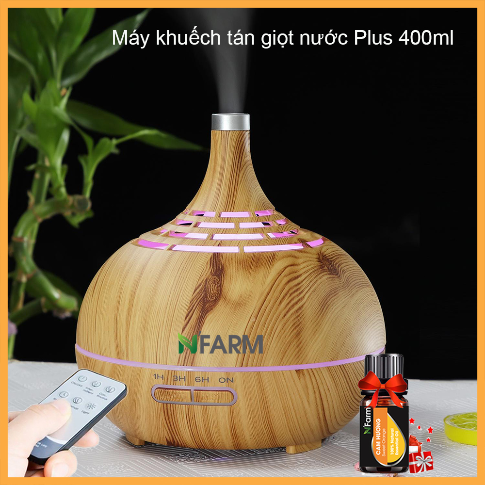 Combo máy khuếch tán, máy xông tinh dầu N'Farm Giọt Nước Plus + tinh dầu cam hương N'Farm 10ml. Có remote.Phun sương sóng siêu âm.