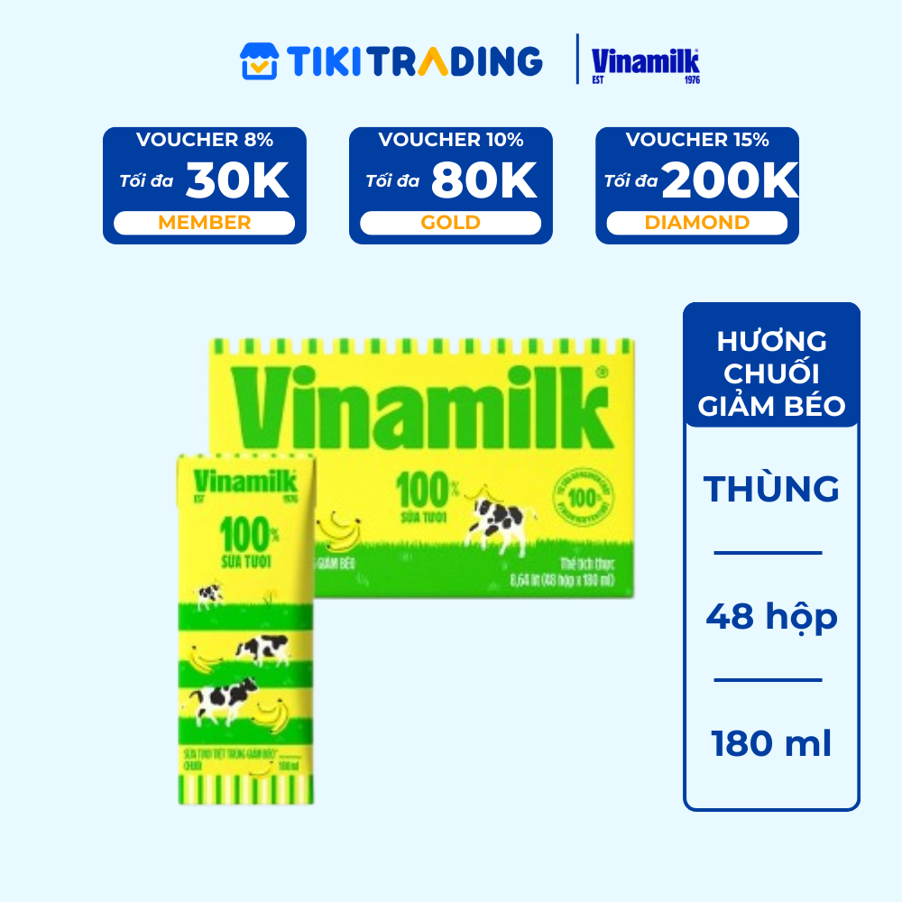 Thùng 48 hộp sữa tươi tiệt trùng vị chuối Vinamilk giảm béo 180ml