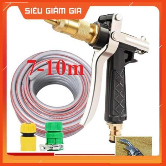 Bộ dây vòi xịt nước rửa xe, tưới cây đa năng, tăng áp 3 lần, loại 7m, 10m 206236 đầu đồng, cút, + tặng mở chai