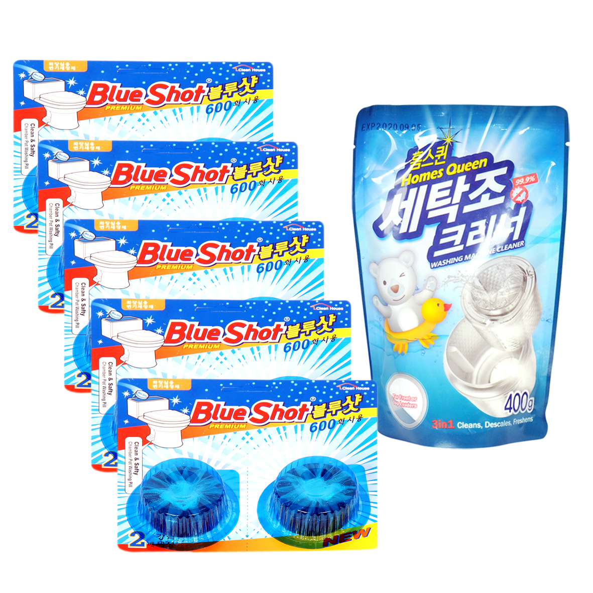 Combo 5 vỉ vệ sinh khử mùi bồn cầu BlueShot + 1 gói tẩy máy giặt Homes Queen Hàn Quốc, bồn cầu thơm tho, máy giặt hết vi khuẩn