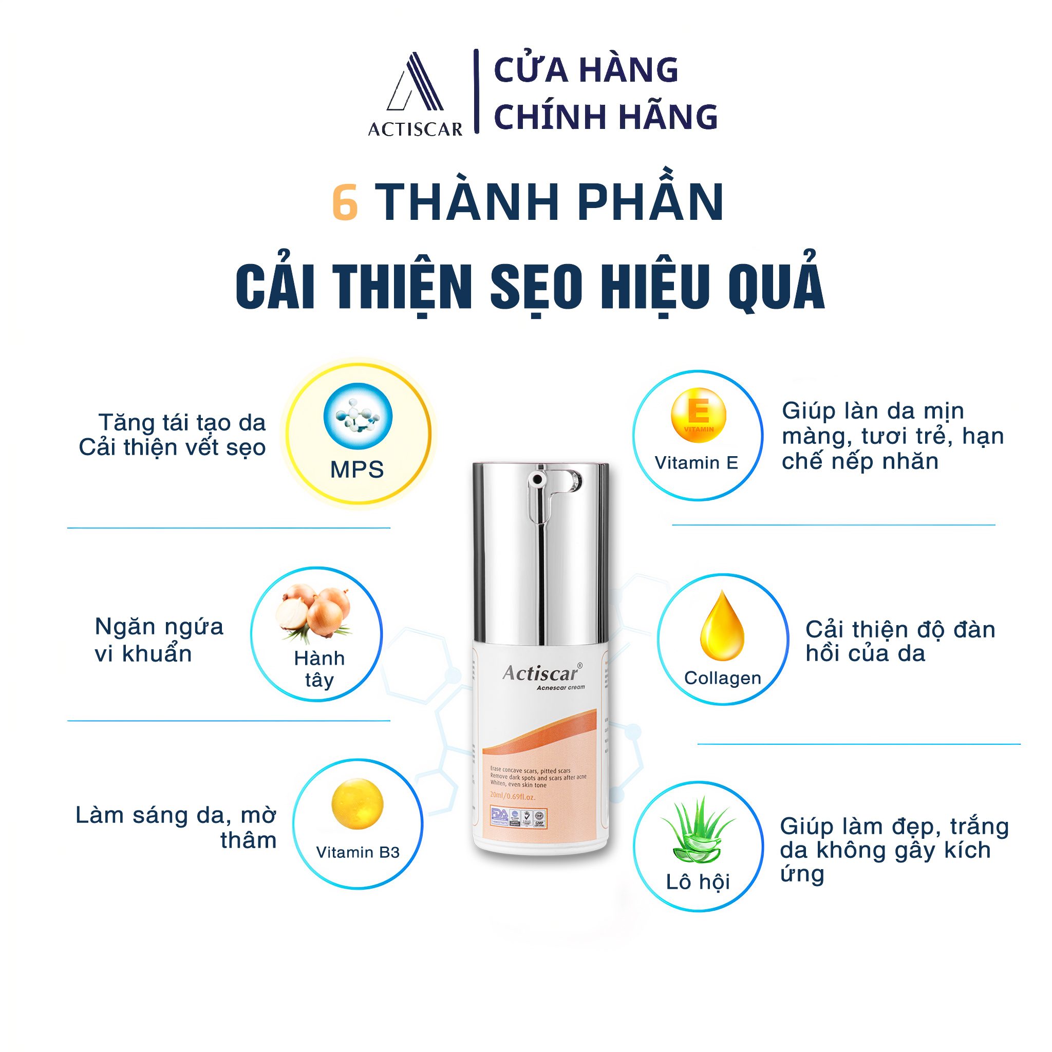 Kem Xóa Sẹo Lõm, Sẹo Rỗ Actiscar 20ml hỗ trợ làm mờ sẹo rỗ, lấp đầy sẹo lõm