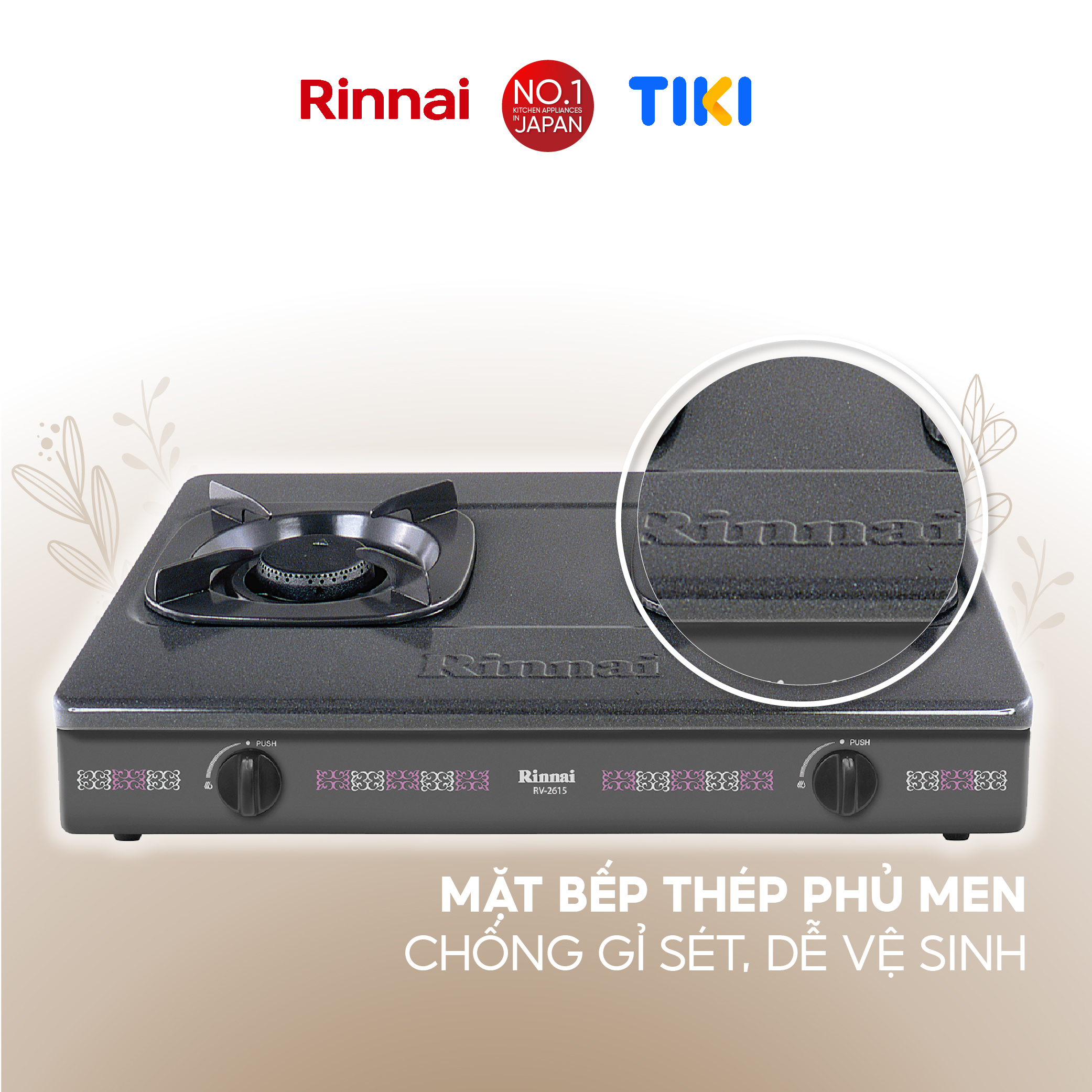 Bếp gas dương Rinnai RV-2615(G) mặt bếp men và kiềng bếp men - Hàng chính hãng