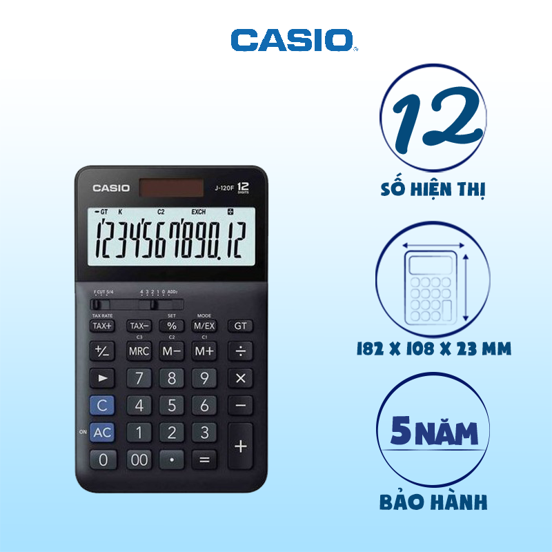 Máy tính tiền Cỡ trung Casio J-120F bề mặt kim loại kính cường lực