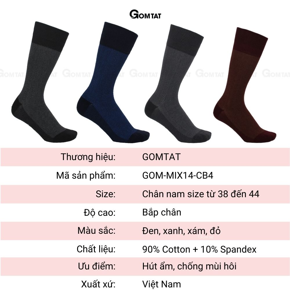 Hộp 4 đôi tất vớ đi giày tây nam GOMTAT mẫu sọc xương cá, chất liệu cotton cao cấp, thoáng mát êm chân - GOM-MIX14-CB4