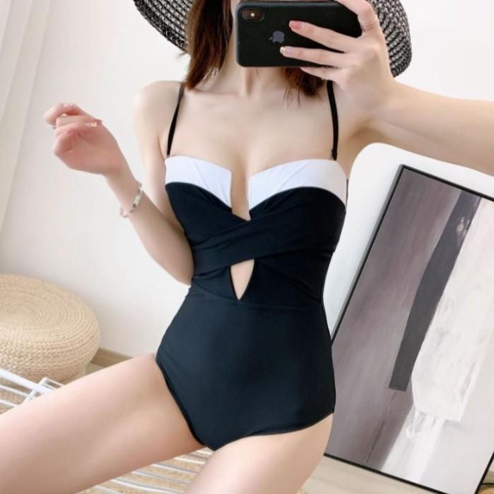 freeship Bikini đồ bơi liền một mảnh gọng đen phối trắng nâng ngực VATIXA BKN33