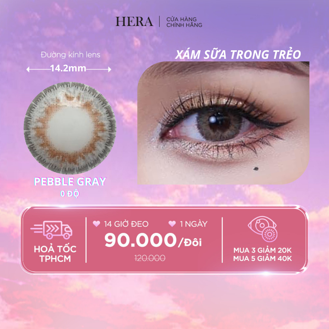 Kính Áp Tròng Hera Xám Sữa Trong Trẻo Không Độ PEBBLE GRAY Nhập Khẩu Hàn Quốc Lens Không Cận 1 Ngày