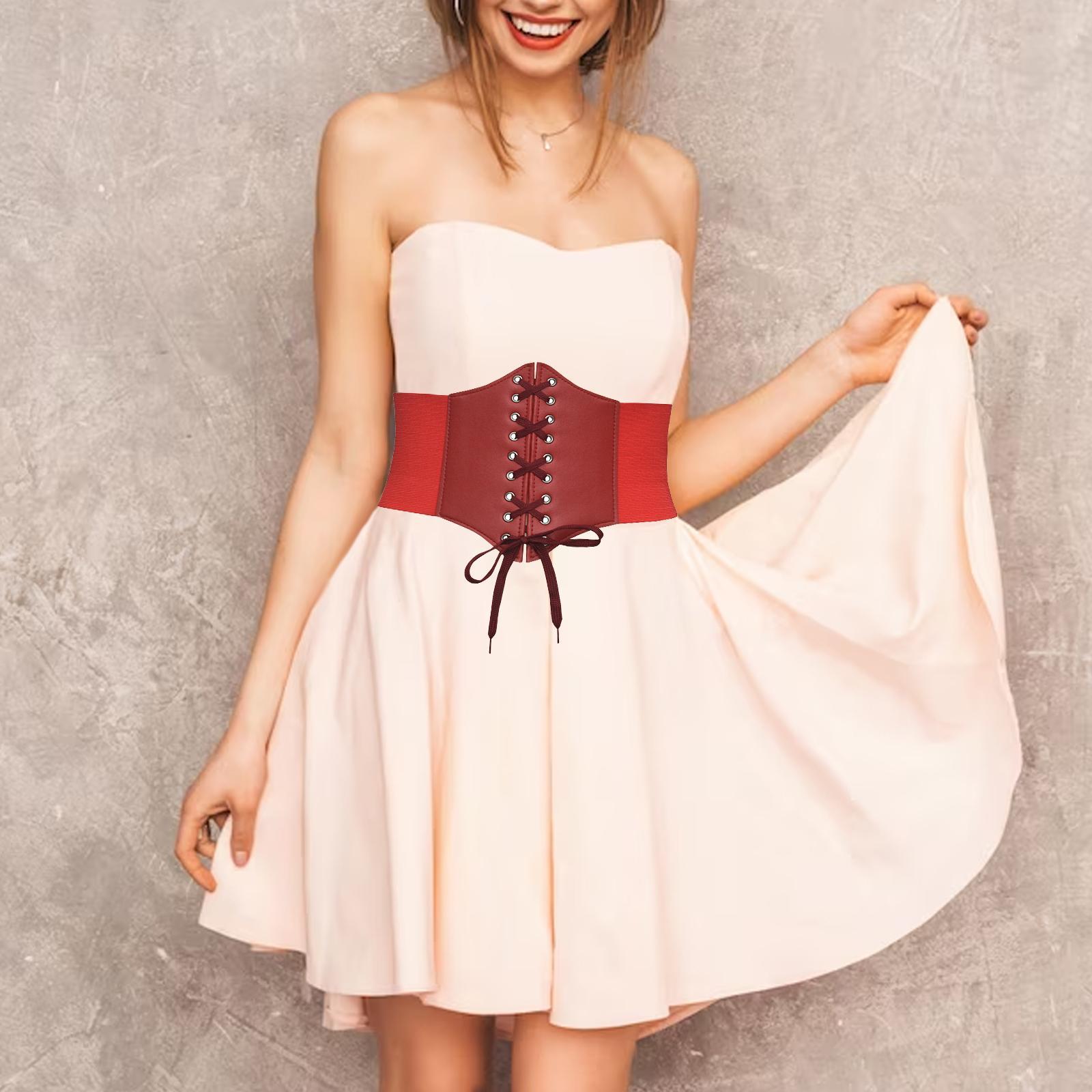 Women Dress Waist Belt Elastic Belt Wide PU Leather Punk Retro with Buckle Dress Belt Stretch Waist Belt for Club Wedding Female Rave Shirts