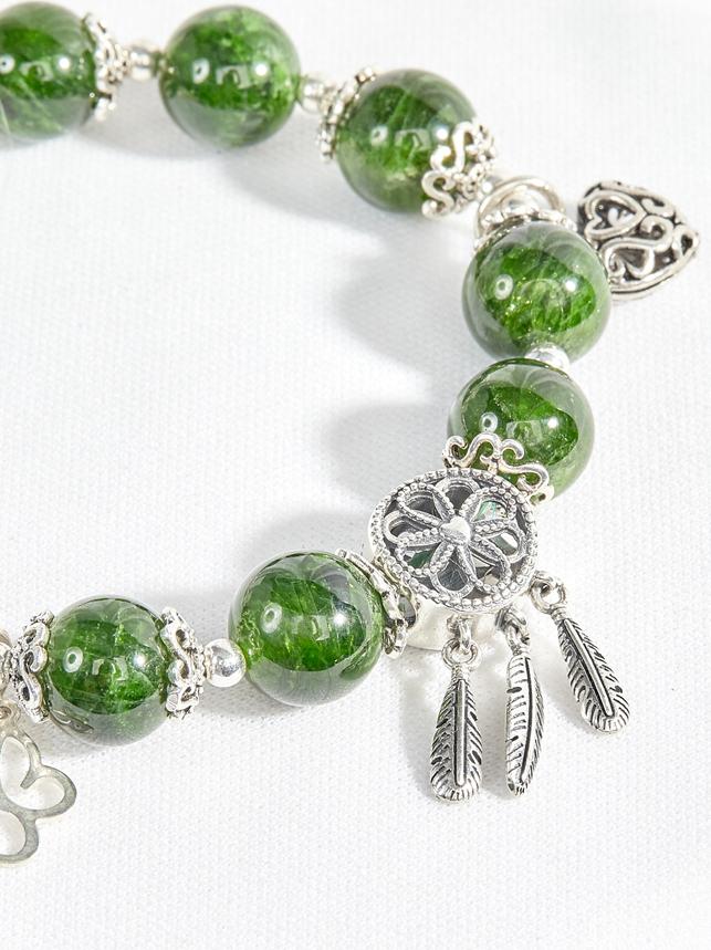 Vòng tay đá diopside phối charm trái tim bạc Ngọc Quý Gemstone