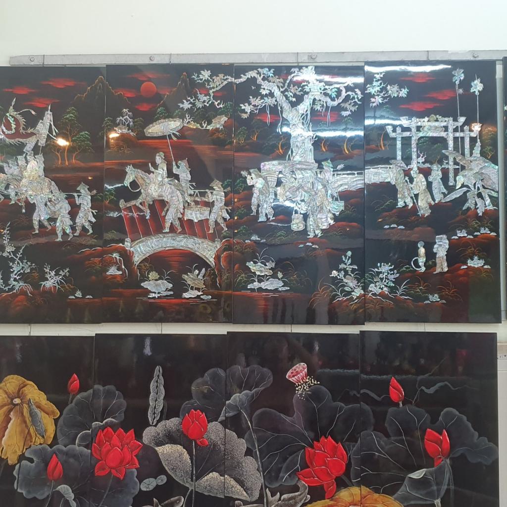 Tranh sơn mài Bộ 4 tấm Vinh Quy Bái Tổ cẩn ốc xà cừ, hàng đẹp, hàng xuất khẩu size 80x160 cm