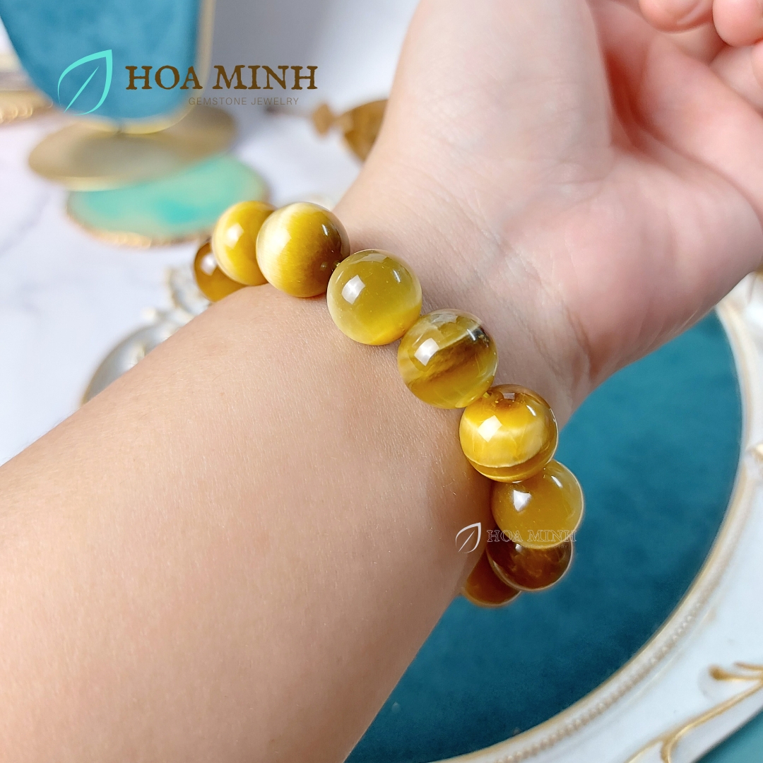 Vòng tay nam đá Mắt Hổ Vàng Tâm size 14 li chất 5A Vip phong cách lịch lãm, may mắn tài lộc