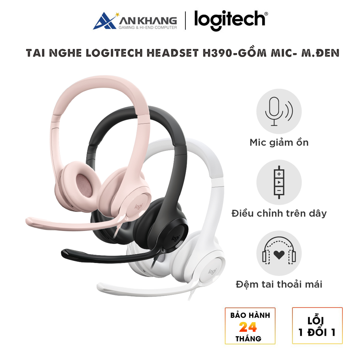 Tai nghe chụp tai có dây H390 Logitech Kết nối cổng Usb, có nút chỉnh âm lượng, Âm thanh kỹ thuật số, Mic Chống Ồn - Hàng Chính Hãng - Bảo Hành 24 Tháng