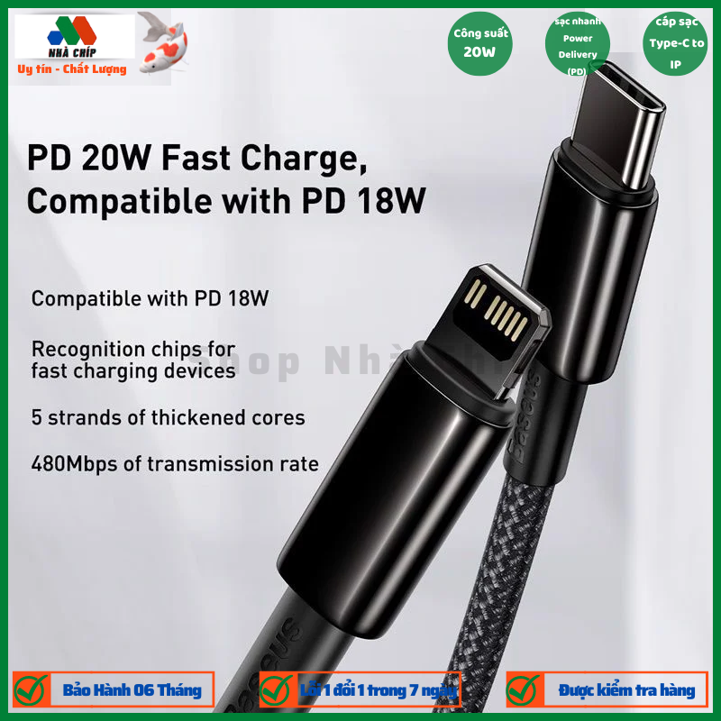 Cáp sạc nhanh, siêu bền C to IP 20W Baseus Tungsten Gold dùng cho iPhone 12/ iP11 Series/ iPXS Max (20W, Fast Charging &amp; Data Cable)- Hàng chính hãng