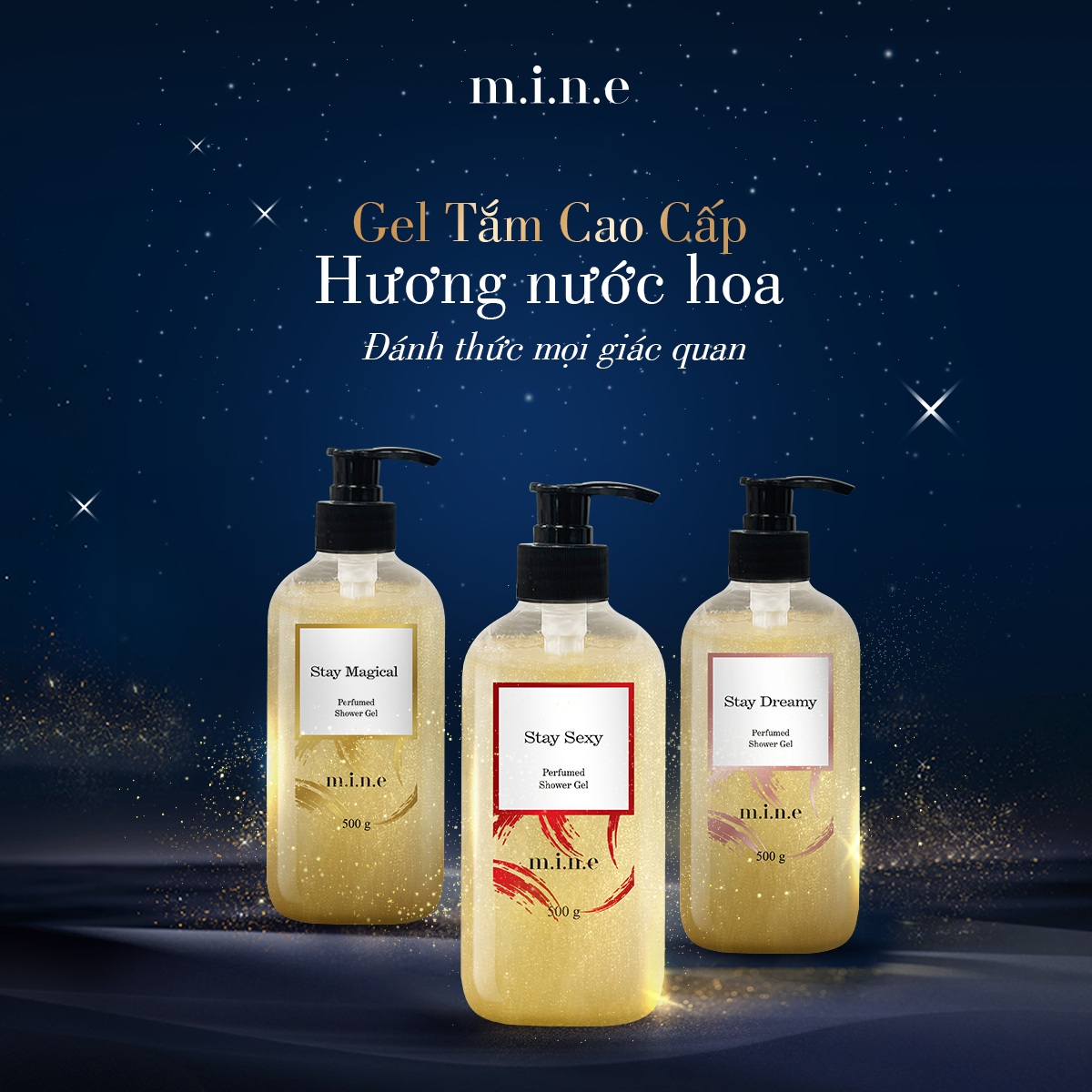 Gel tắm sáng da nhũ vàng hương nước hoa Mine – Stay Magical (Shower gel skin brightening emulsion yellow incense perfume mine)