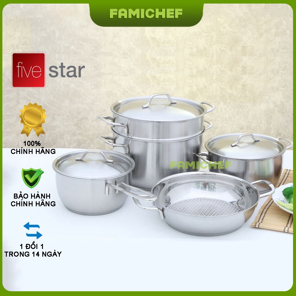 Bộ nồi chảo xửng inox 3 đáy nắp inox FiveStar FS430B5