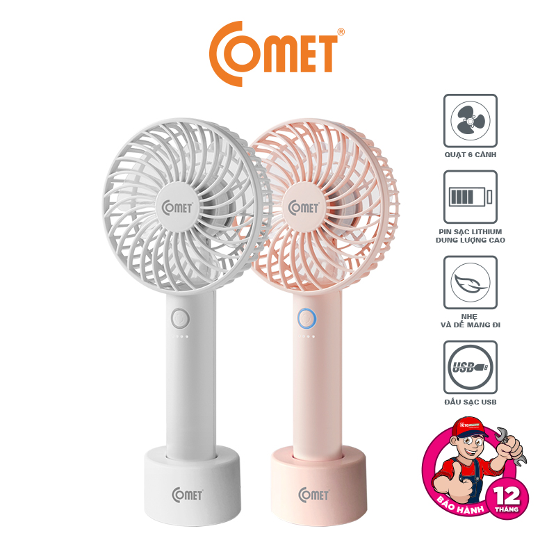 Quạt Cầm Tay Sạc Tích Điện Cao Cấp COMET CRF1004 4W Pin Lithium 2000mAhCó Đế Rời, 5 cấp gió, 6 Cánh Quạt, Cổng Sạc USB