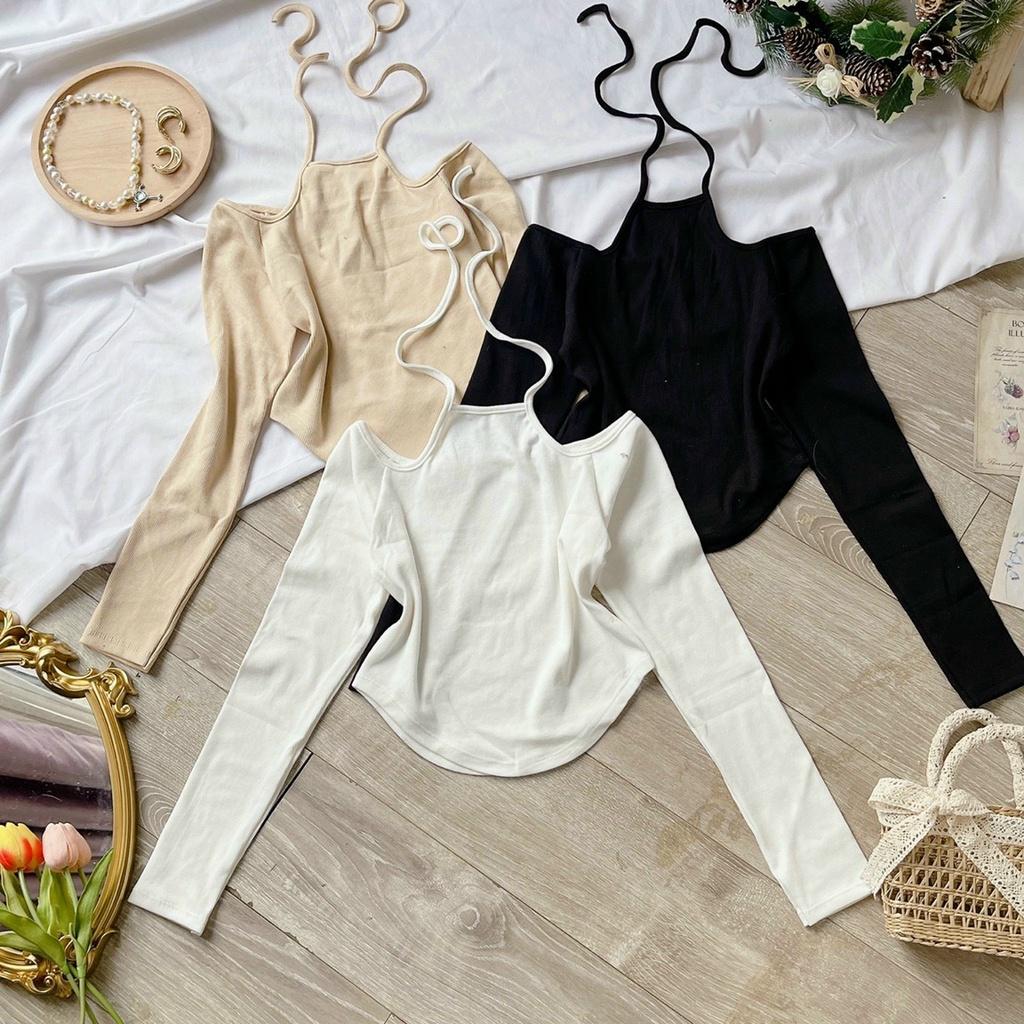 Áo trễ vai tay dài dây yếm hở vai - trễ vai croptop dây yếm thun gân BARE - AO056