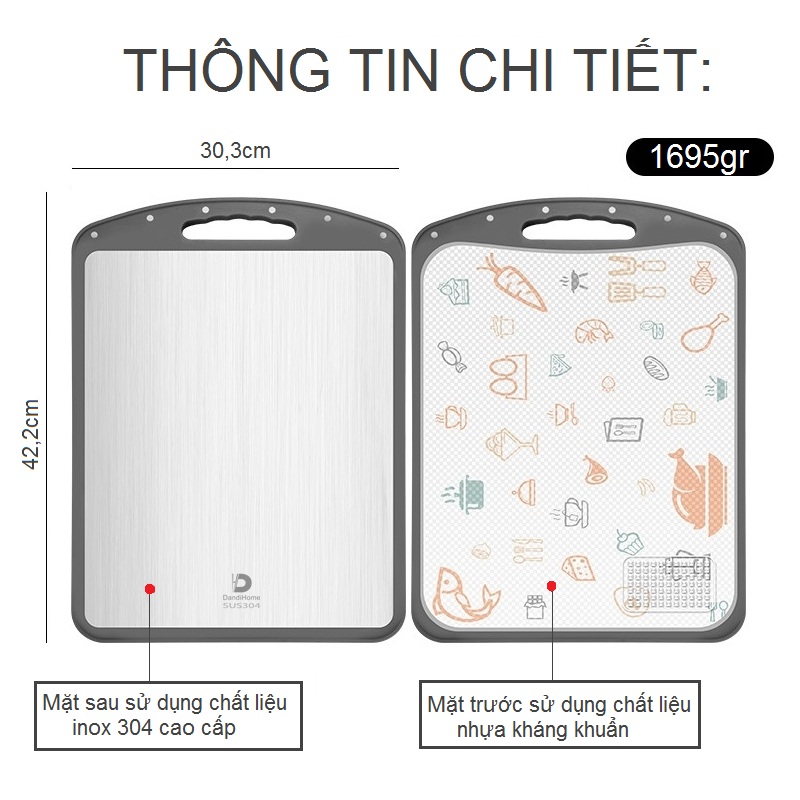 Thớt inox 304 và nhựa kháng khuẩn DandiHome cao cấp hai mặt  - Hàng chính hãng